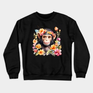 A baby chimpanzee decorated with beautiful watercolor flowers Crewneck Sweatshirt